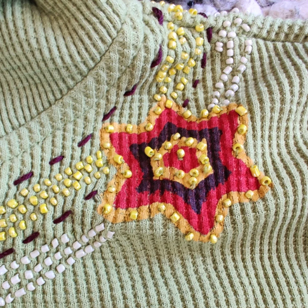 VINTAGE 90s FREE PEOPLE EMBROIDERED THERMAL ZIP HOODIE In Green Size Medium - Picture 4 of 6